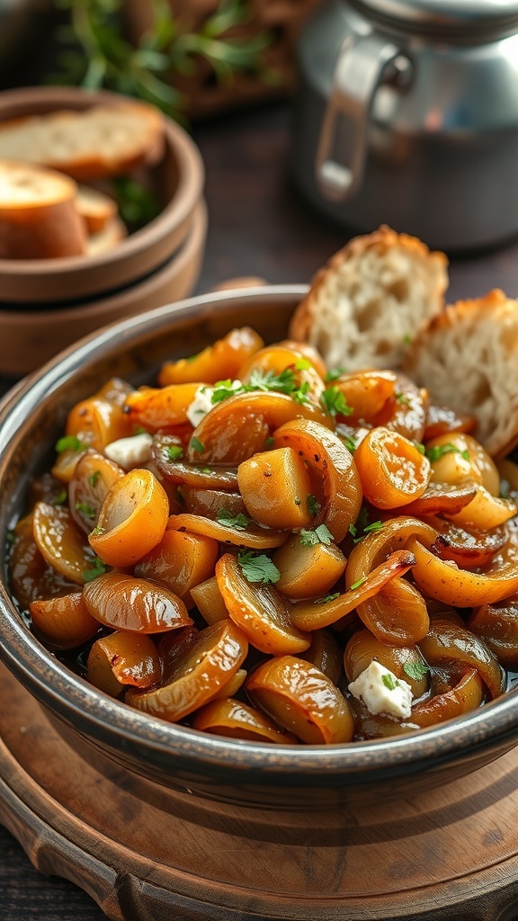 A plate of caramelized onions with Jaki Lhms, garnished with herbs, on a rustic table.